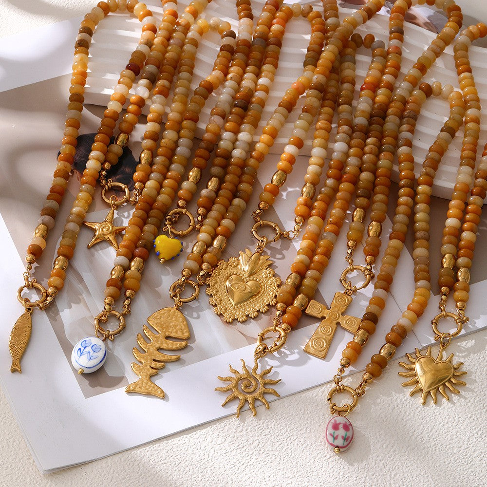 Sun & Sacred Heart Beaded Necklace