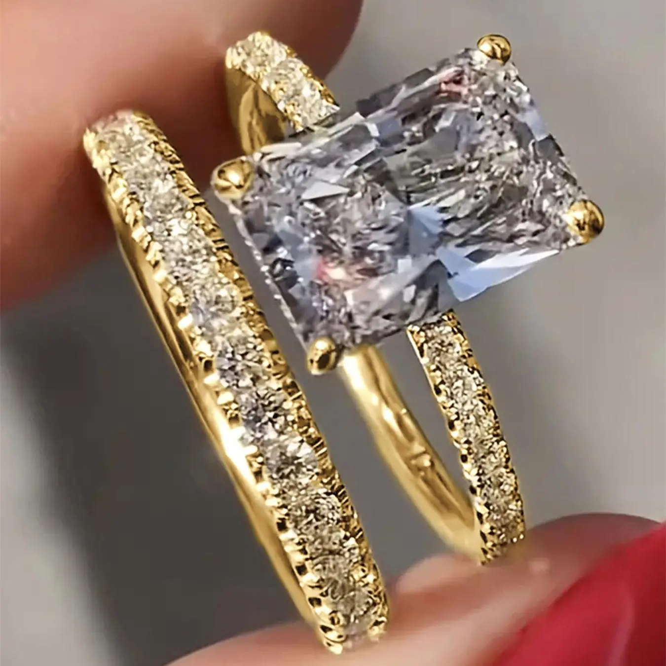 2pc Squared Rhinestone Ring Set