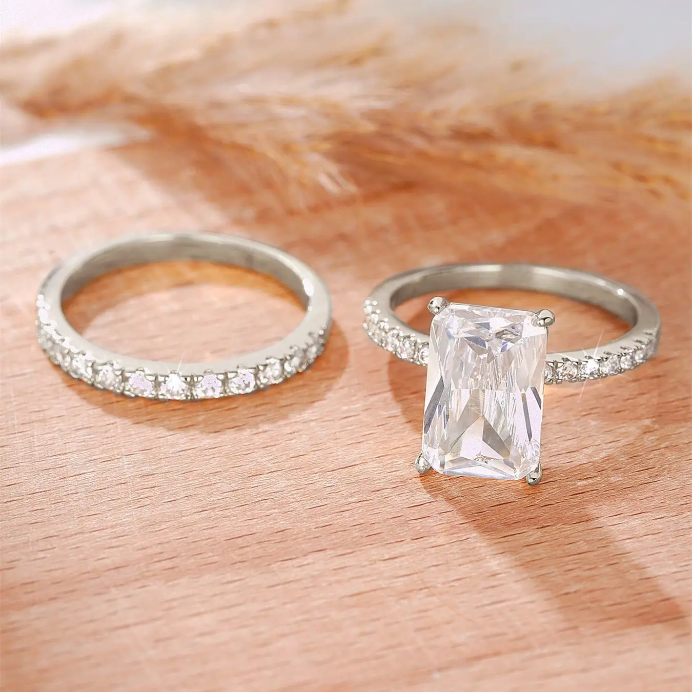 2pc Squared Rhinestone Ring Set