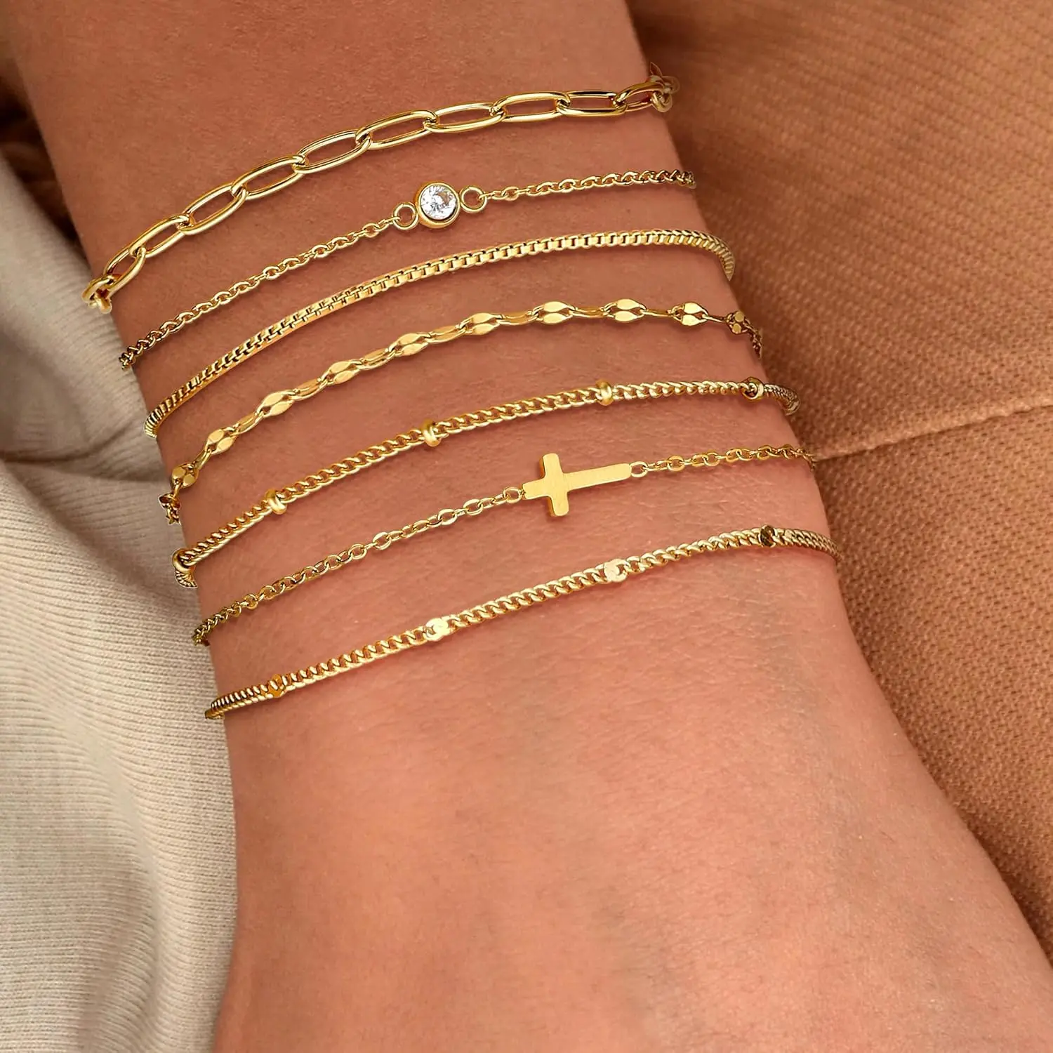 14k 7pc Cross Bracelet Stack