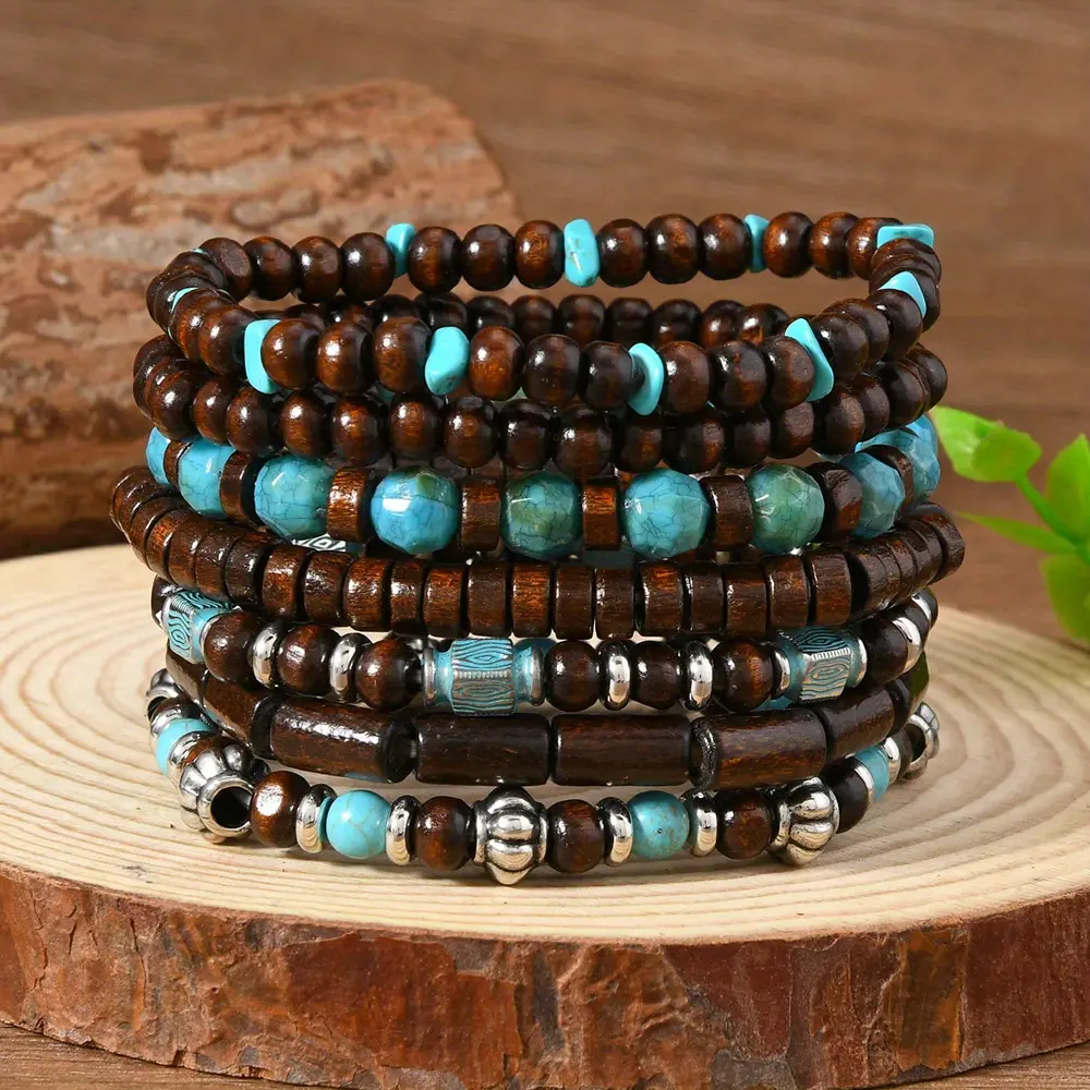 7pc Wooden Boho Bracelet Set