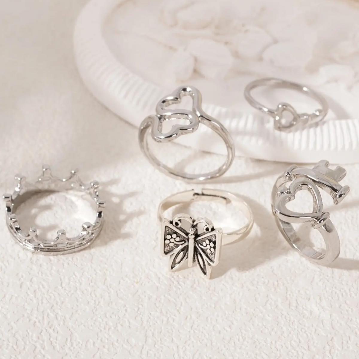 5pc Heart Butterfly Ring Set