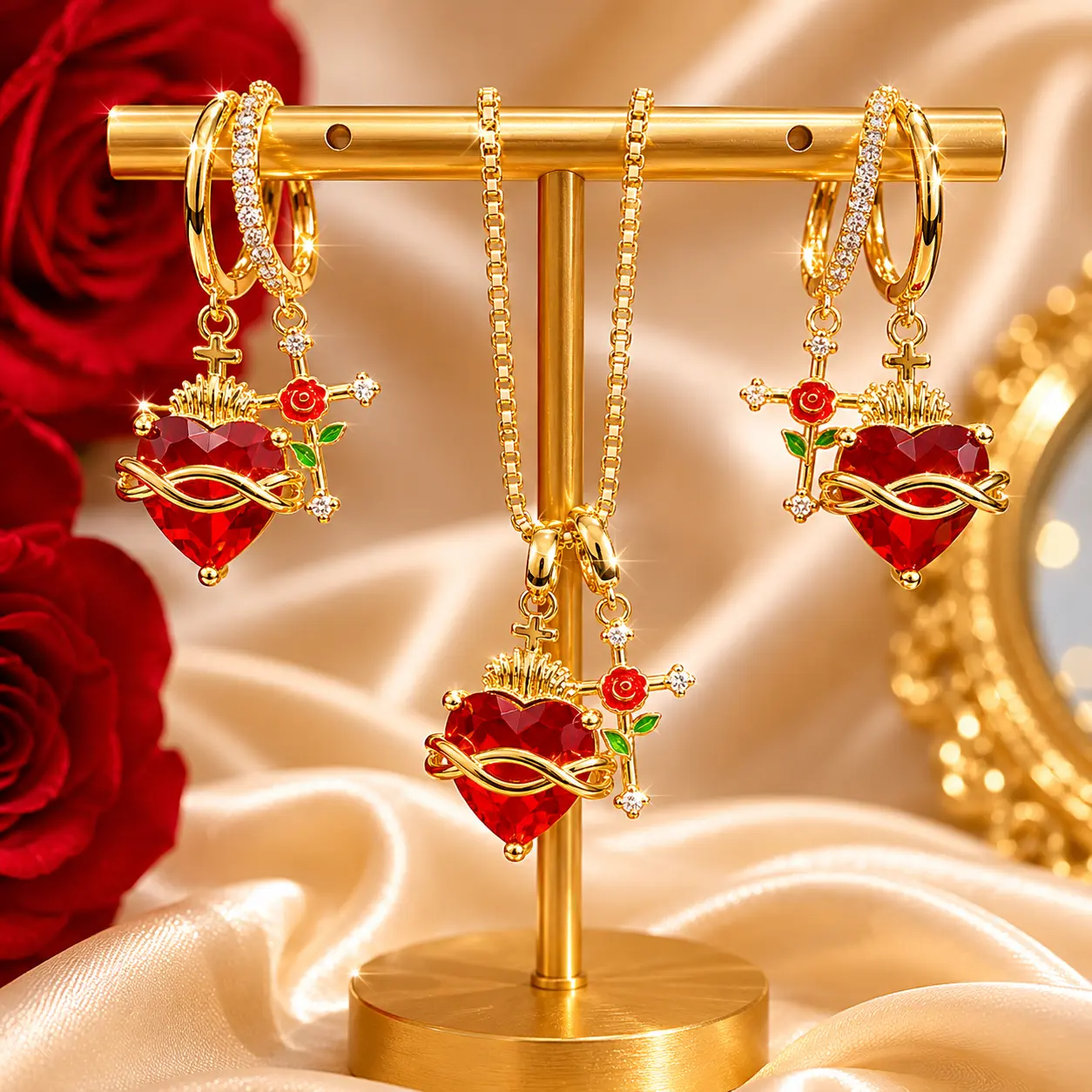 2pc Sacred Heart Necklace Earrings Set