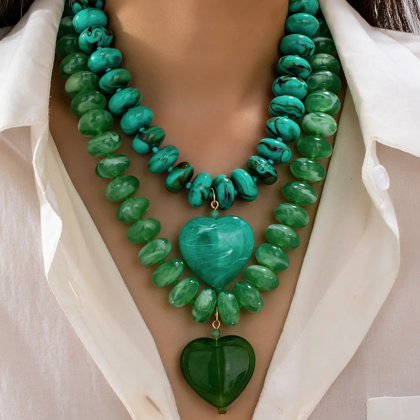 2pc Green Layered Heart Necklace Set