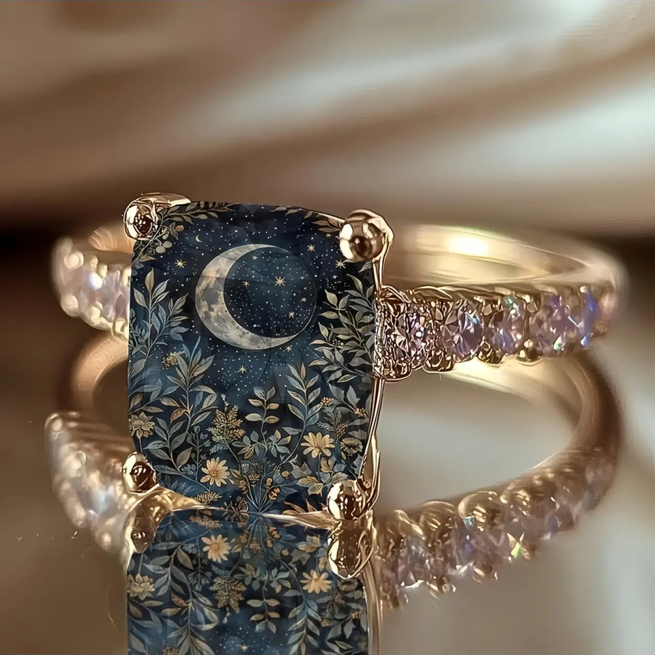 Night Sky Flower Leaf Square Ring