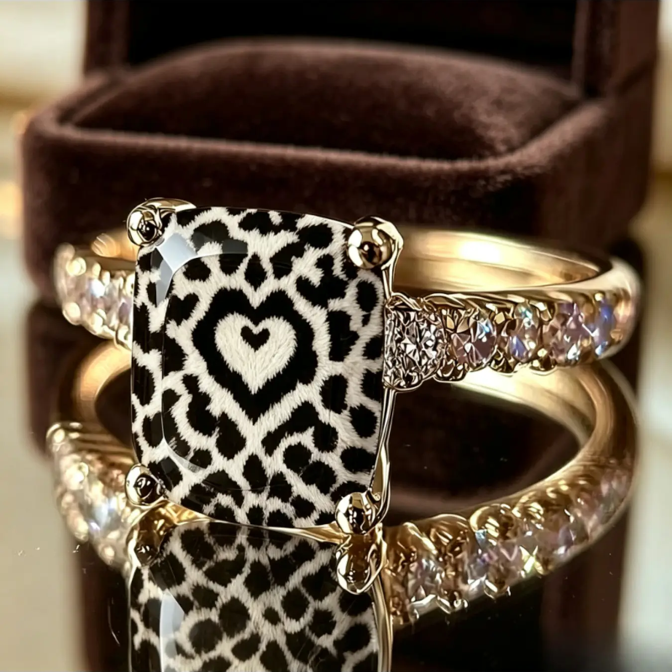 Black and White Heart Leopard Square Ring