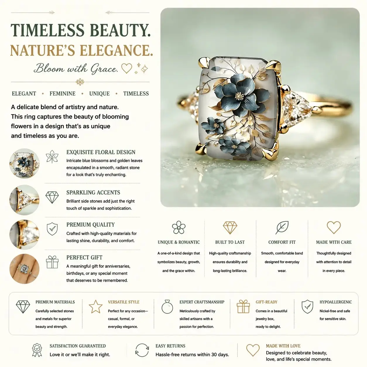 Blue Floral Art Statement Ring