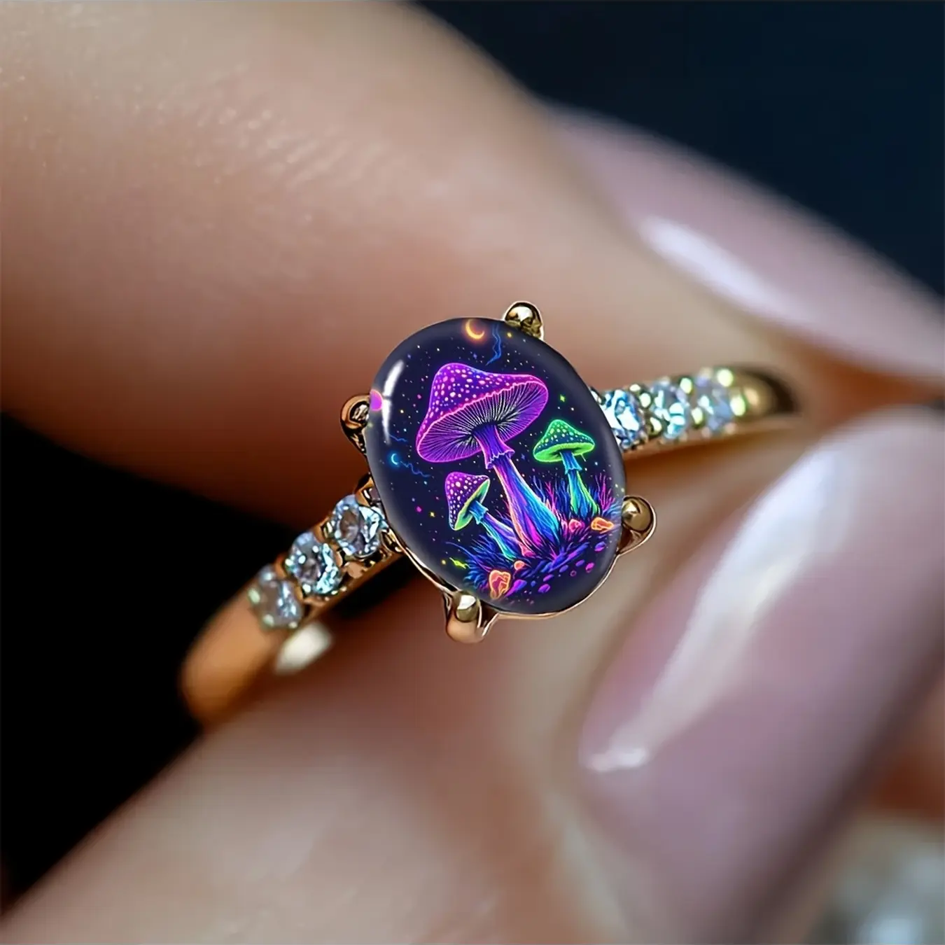 Neon Glittering Rainbow Oval Ring