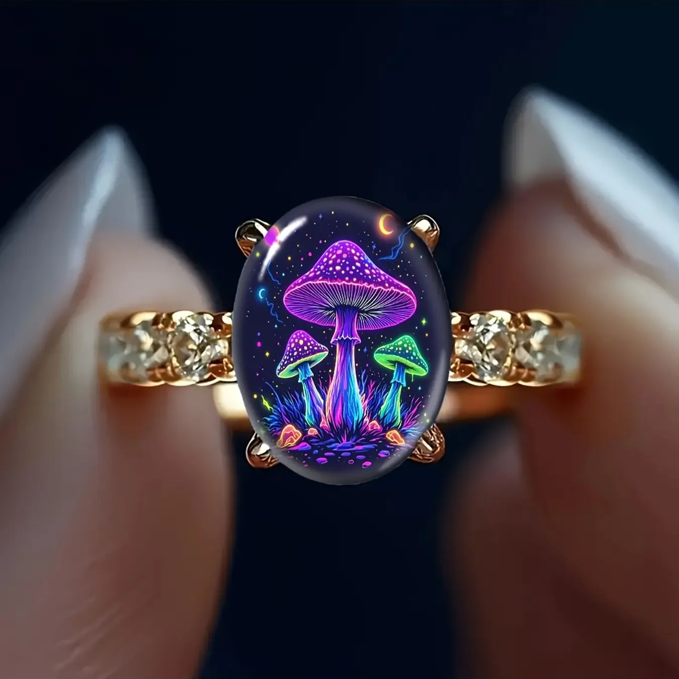 Neon Glittering Rainbow Oval Ring