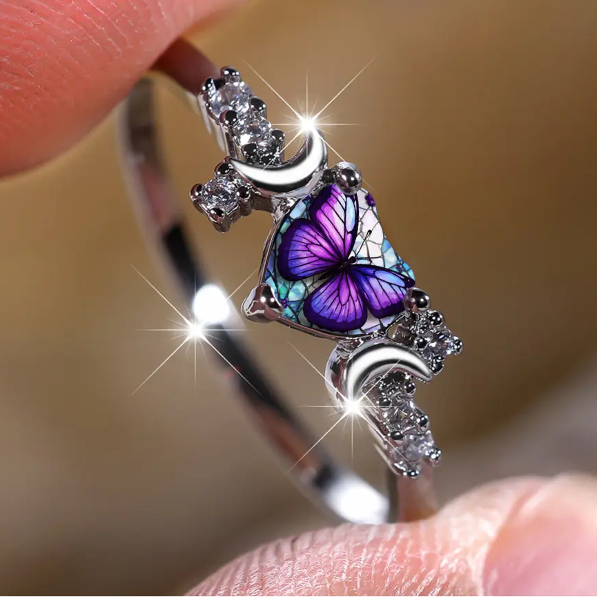 Butterfly Heart Moon Ring