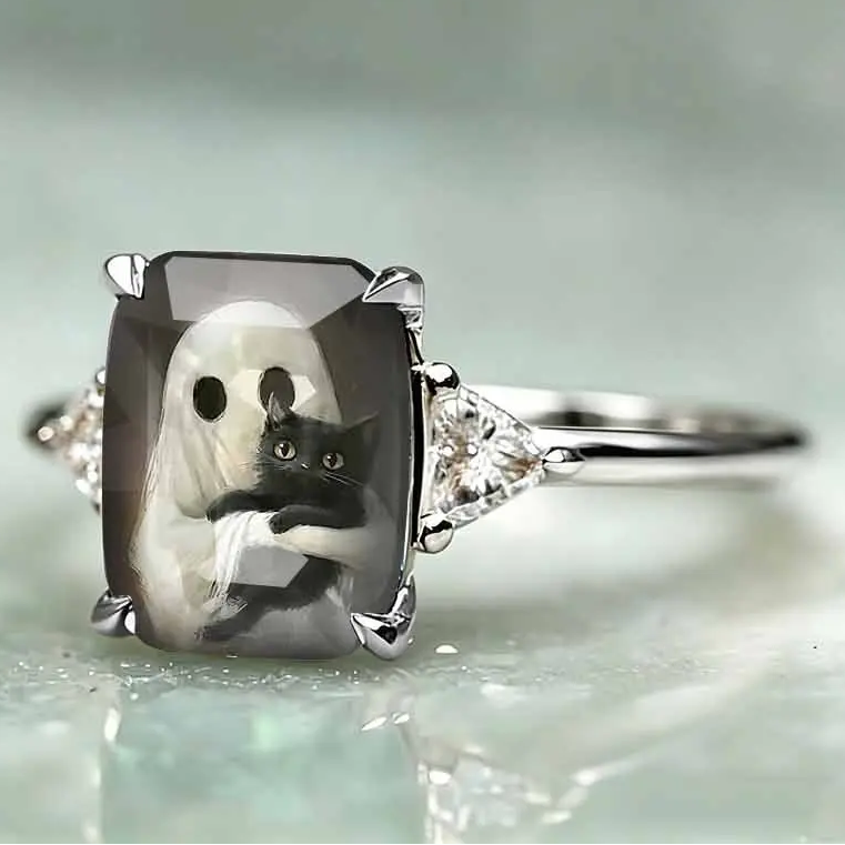 Ghost Holding Cat Statement Ring