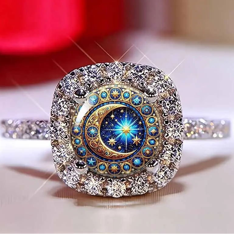 Solar Crescent Moon Pave Ring