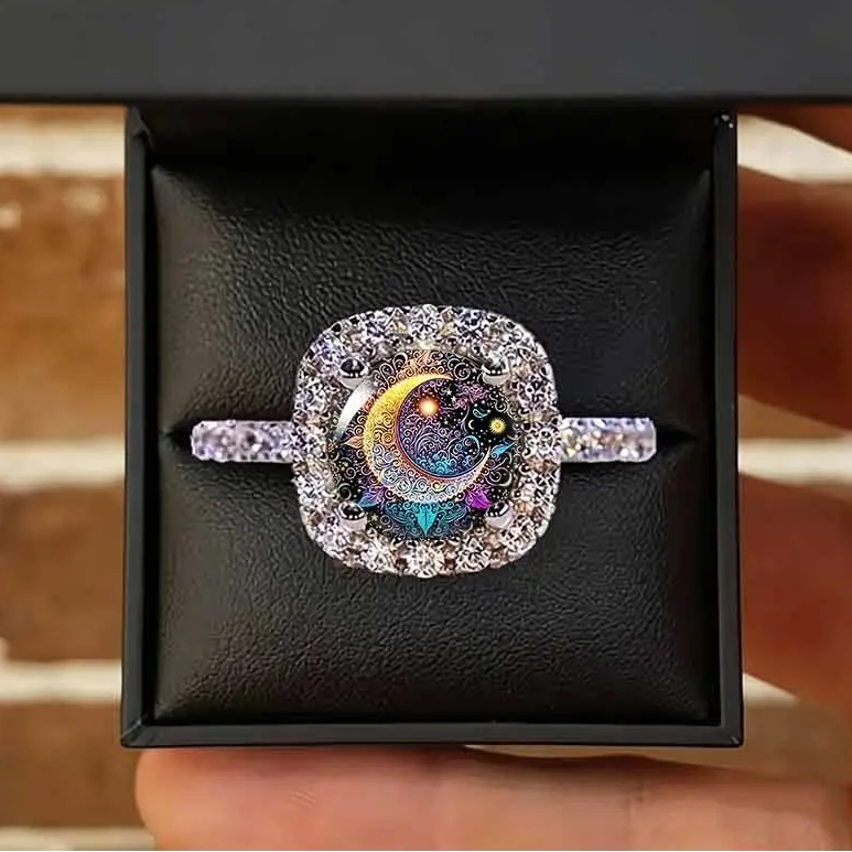 Intricate Crescent Moon Pave Ring
