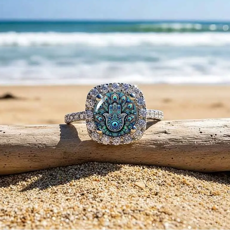 Evil Eye Hamsa Hand Pave Ring