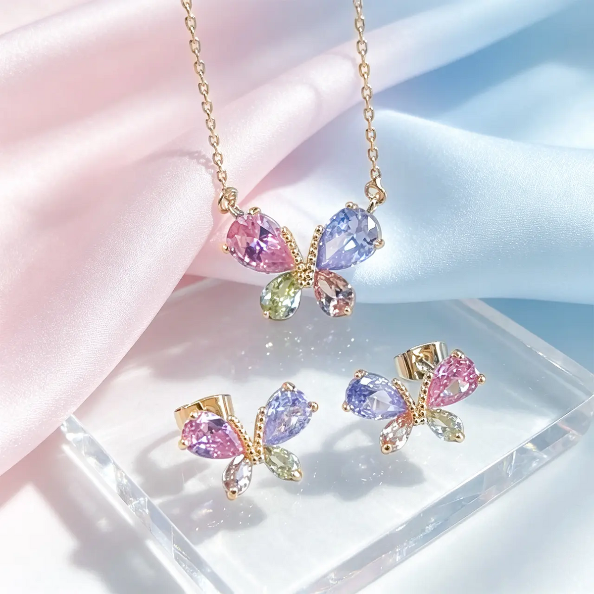 Colorful Bow Stud Earrings and Necklace