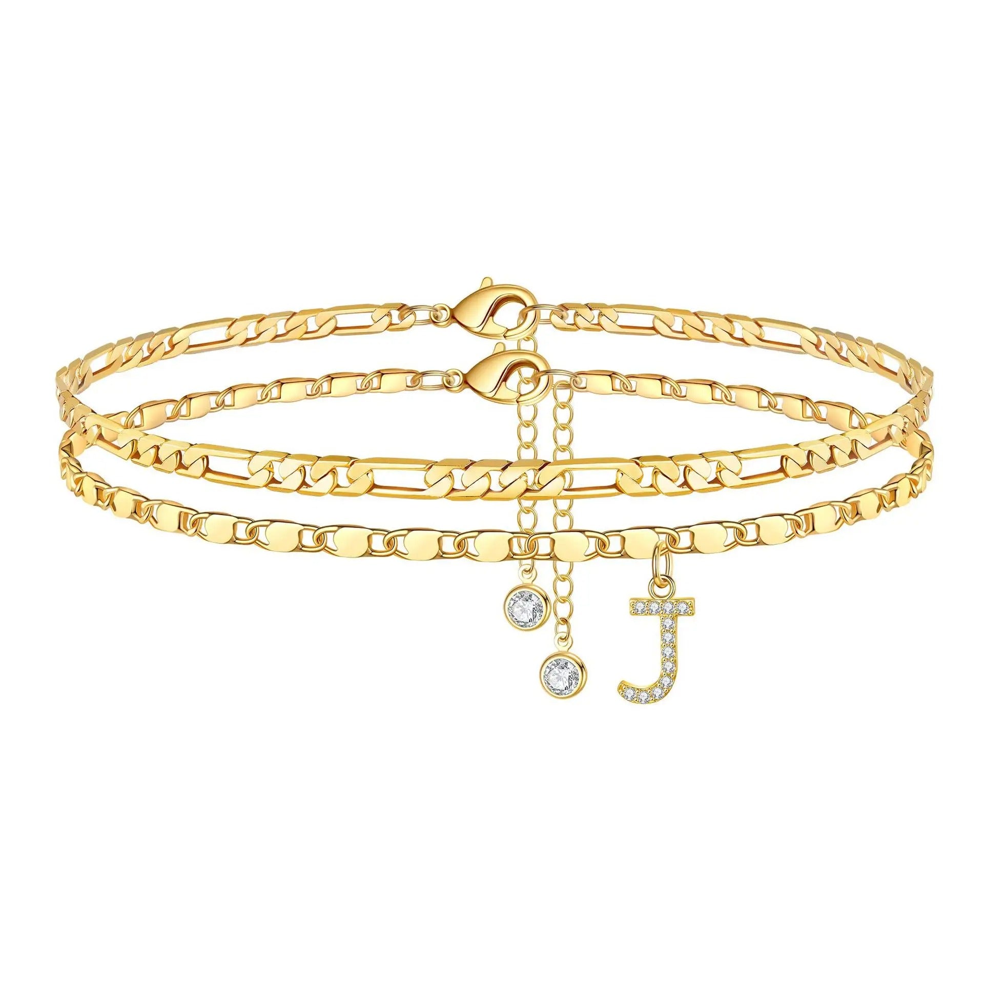 14k Figaro Initial Letter Anklet Set