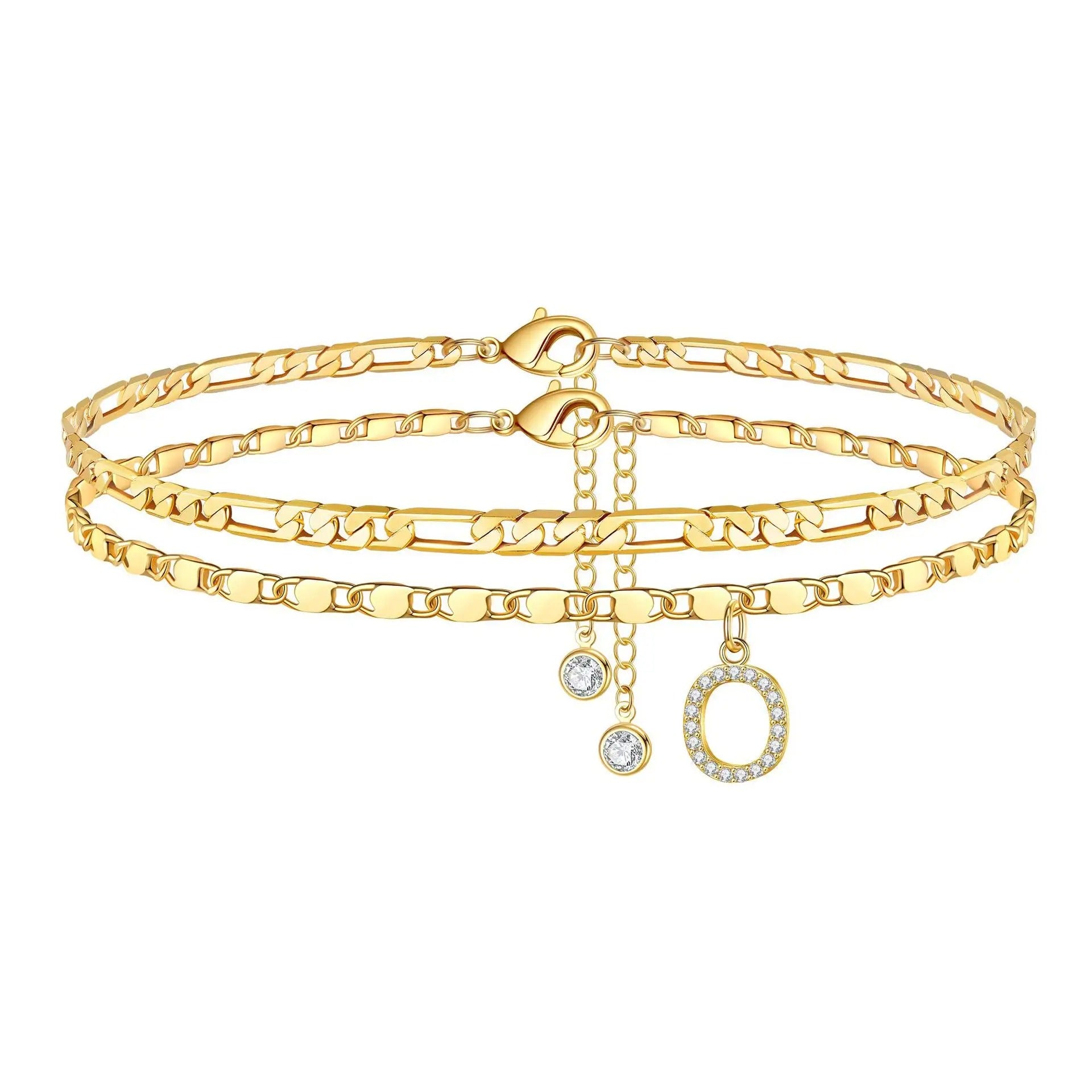 14k Figaro Initial Letter Anklet Set