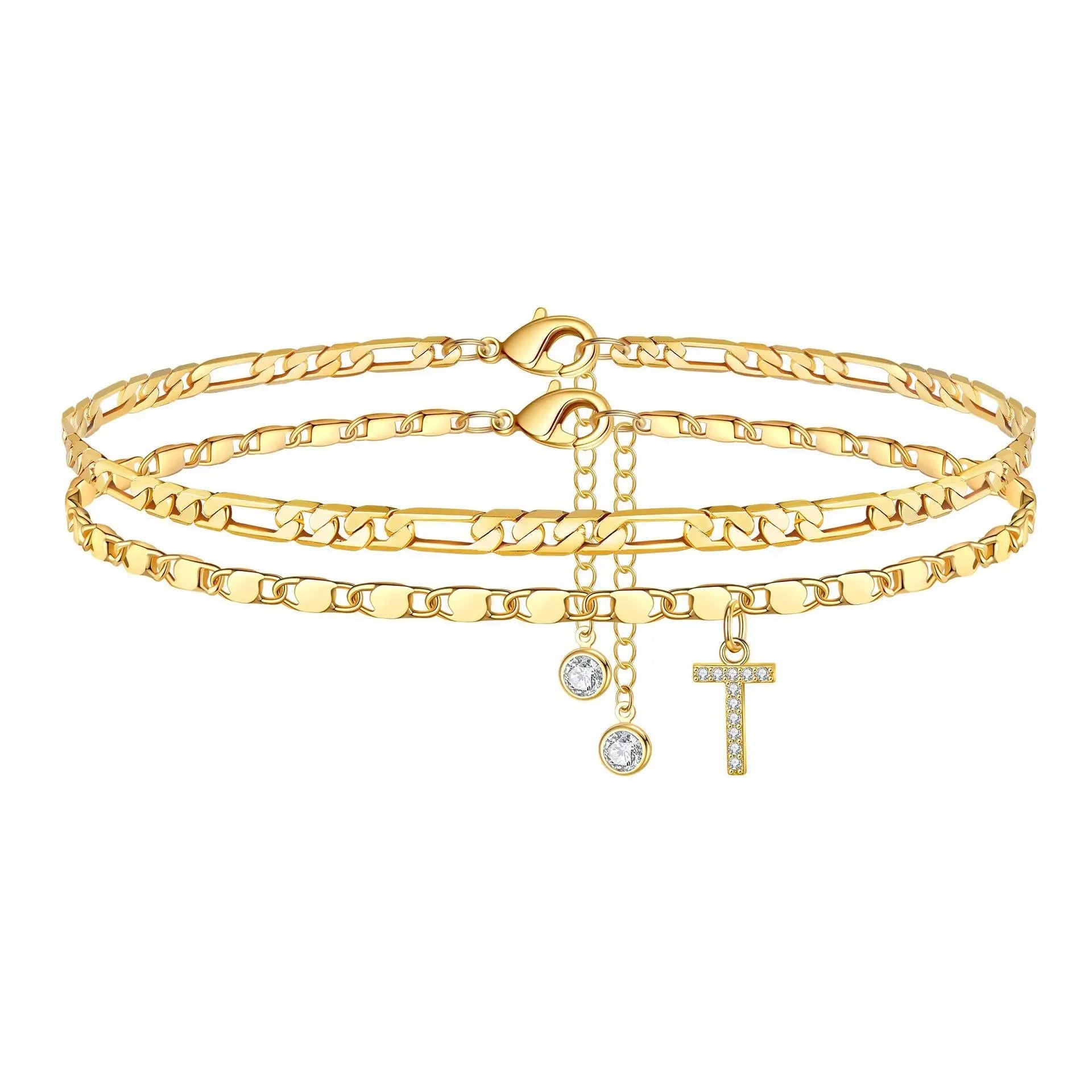 14k Figaro Initial Letter Anklet Set