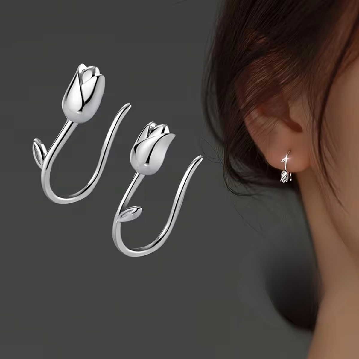 Silver Tulip Hook Earrings