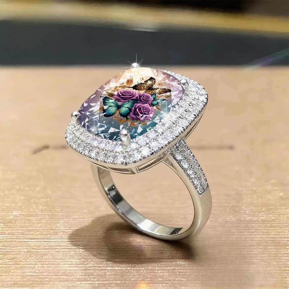 Leopard Butterfly & Rose Square Ring