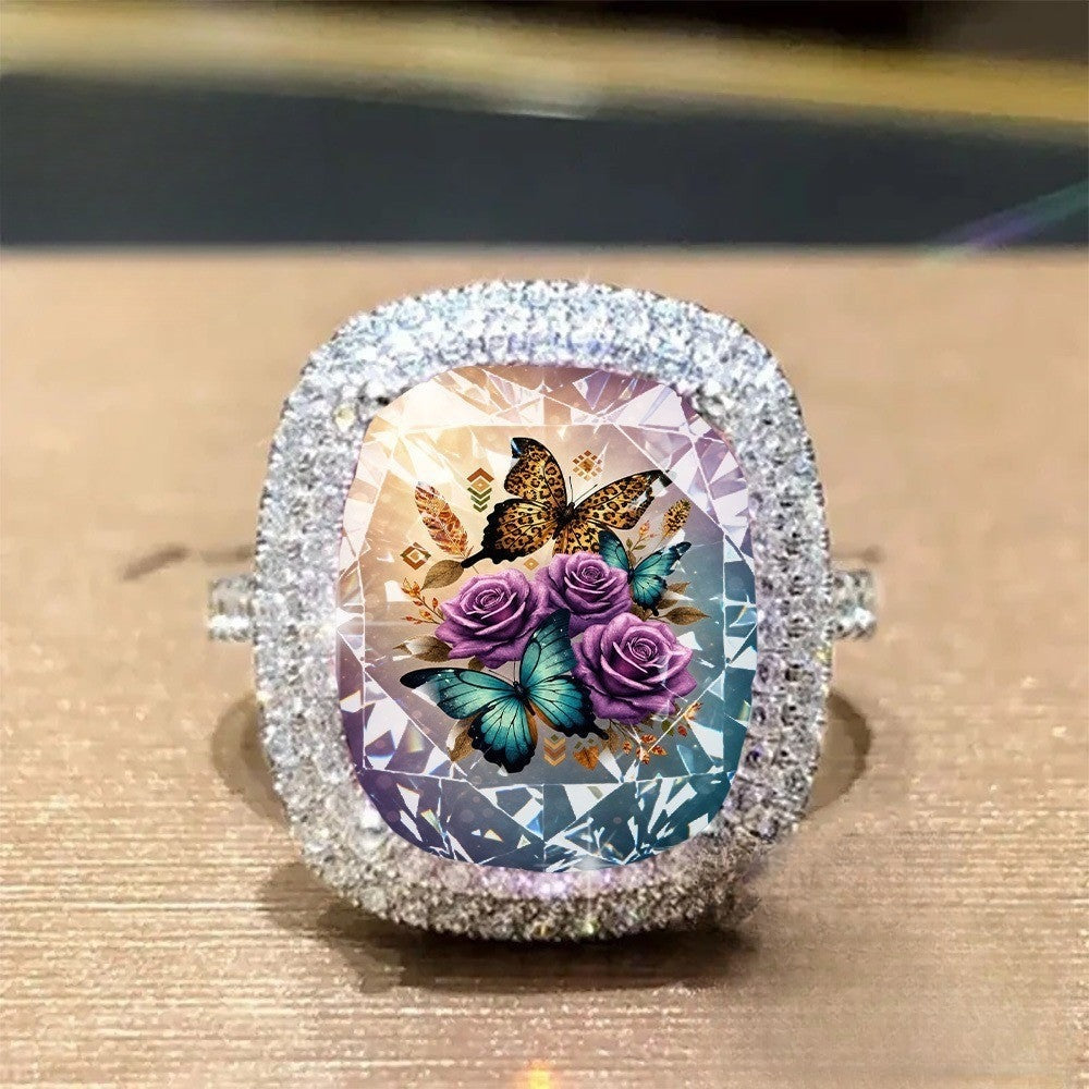 Leopard Butterfly & Rose Square Ring