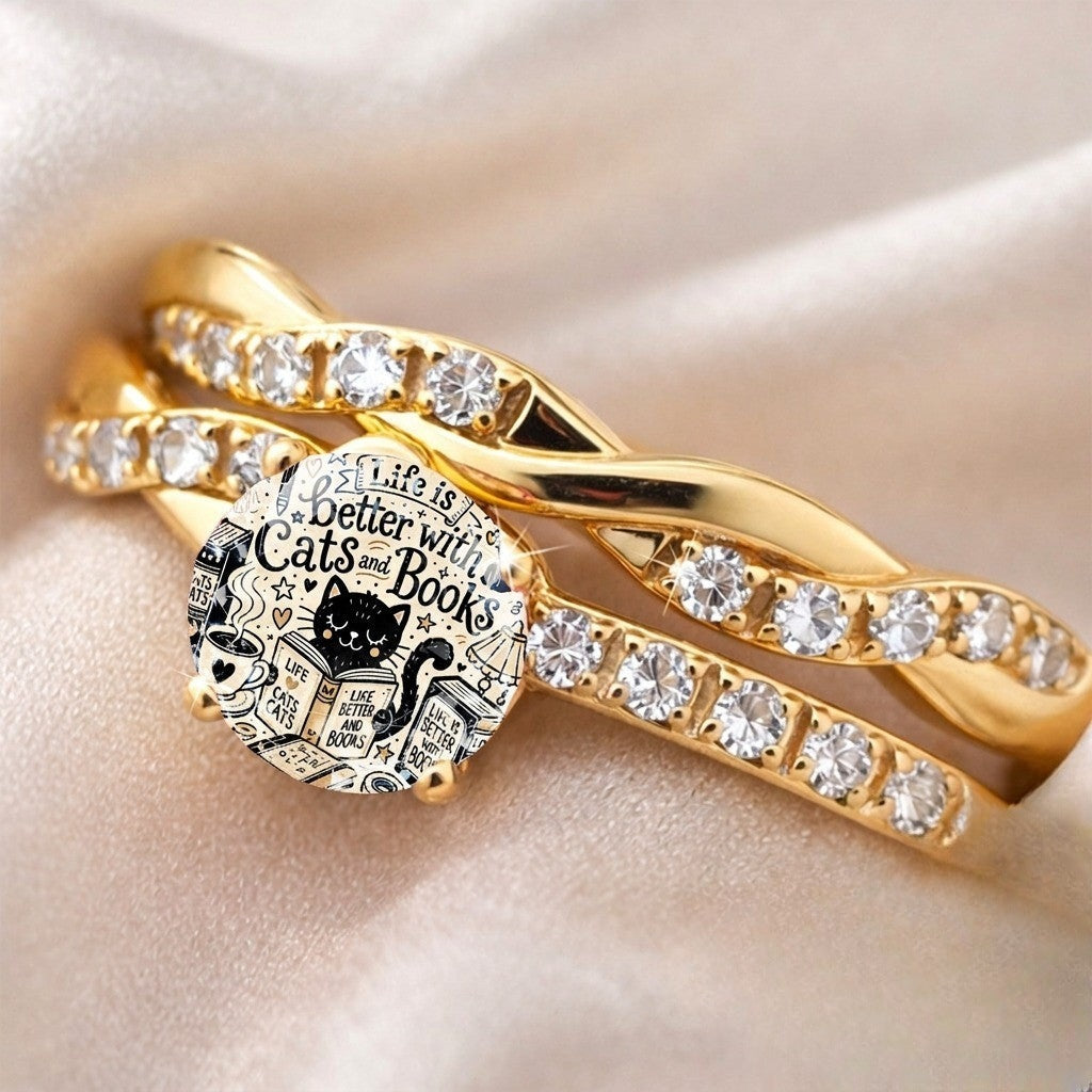 Cat & Books Dome Ring