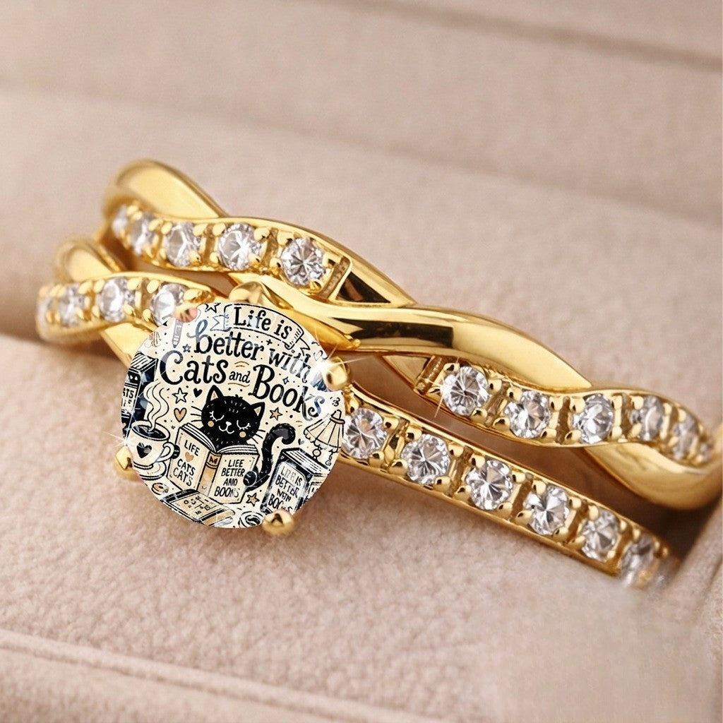 Cat & Books Dome Ring
