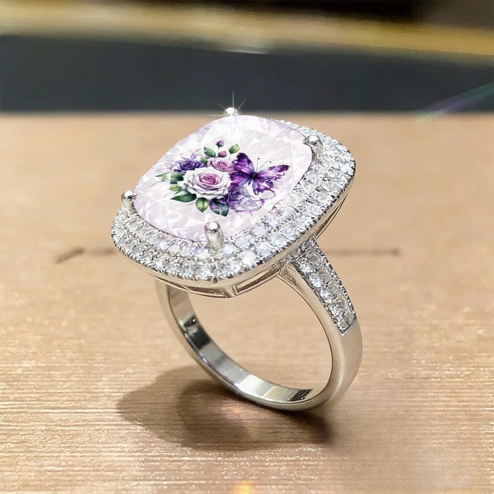 Purple Butterfly & Rose Square Ring