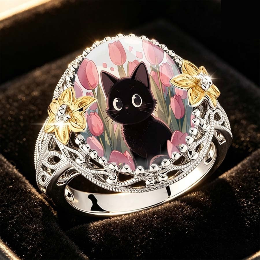 Black Cat Tulip Dome Ring