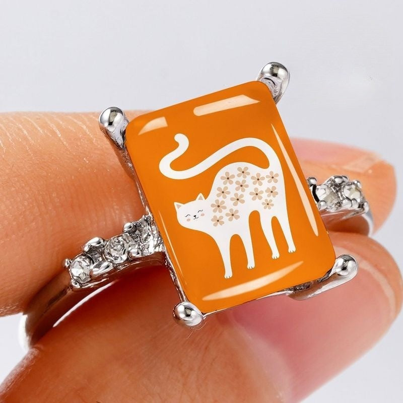 Orange Floral Cat Square Ring