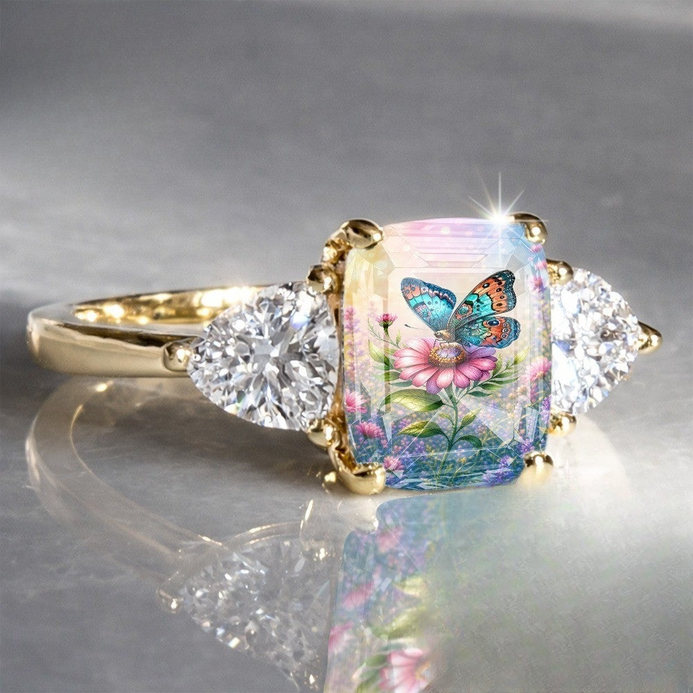 Butterfly & Pink Flower Square Ring
