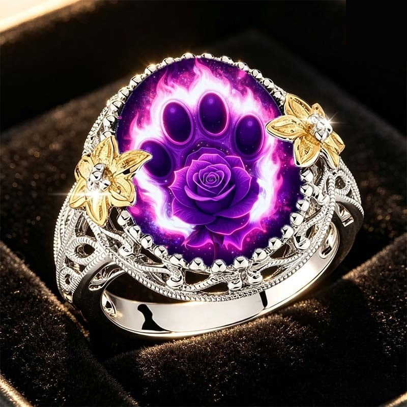 Purple Rose & Paw Print Ring