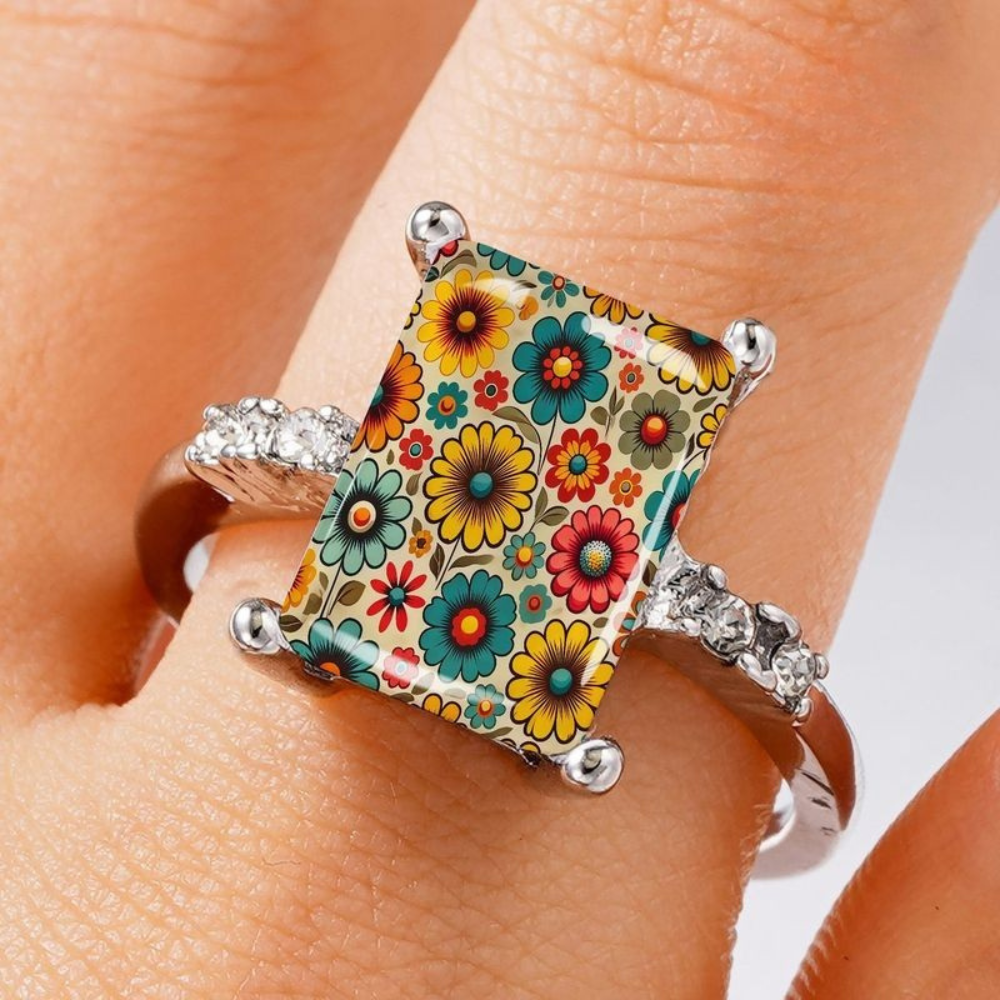 Boho Floral Field Square Ring