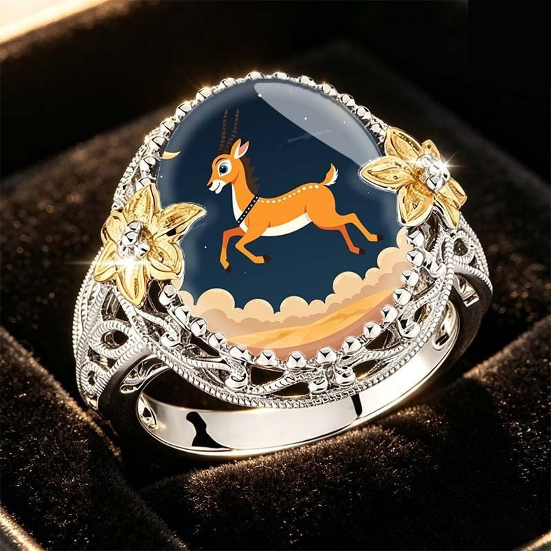 Deer & Floral Dome Ring
