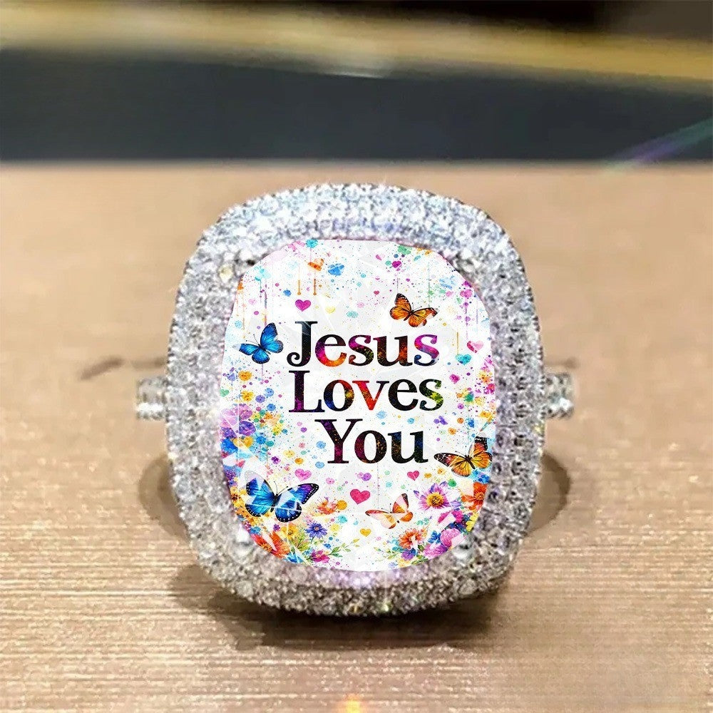 Colorful Butterfly Jesus Square Ring