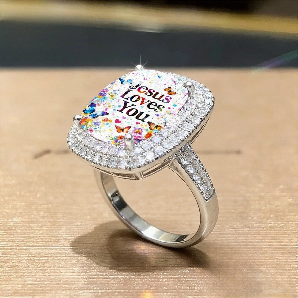 Colorful Butterfly Jesus Square Ring