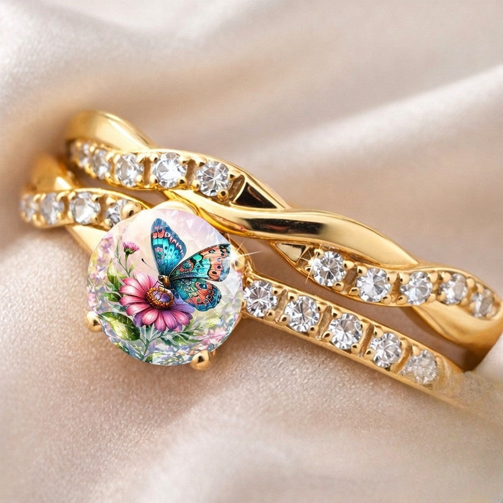 Butterfly & Flower Cabochon Twisted Ring
