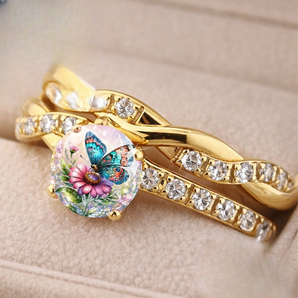 Butterfly & Flower Cabochon Twisted Ring