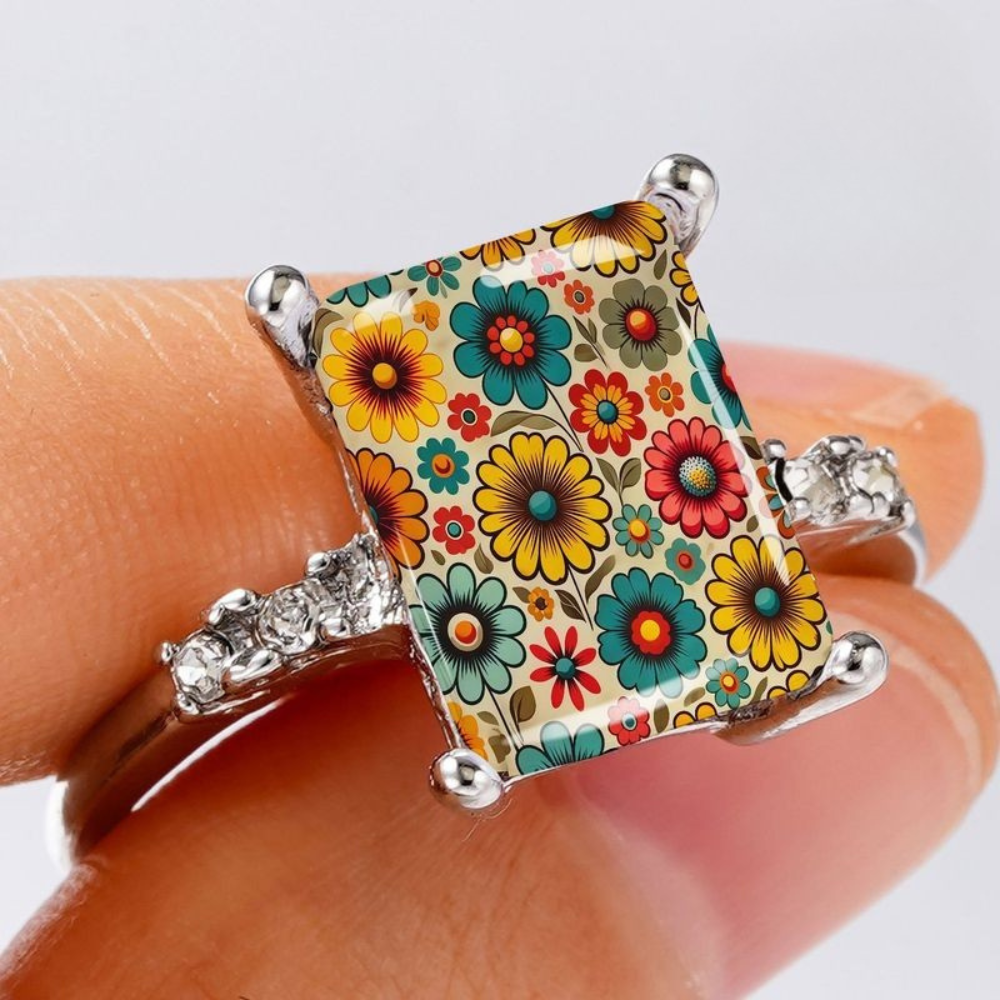 Boho Floral Field Square Ring