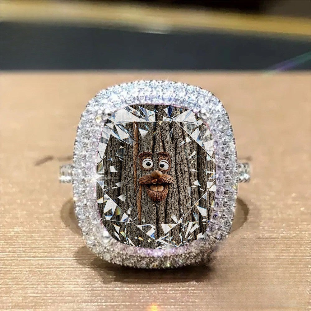Carved Bark Face Square Ring