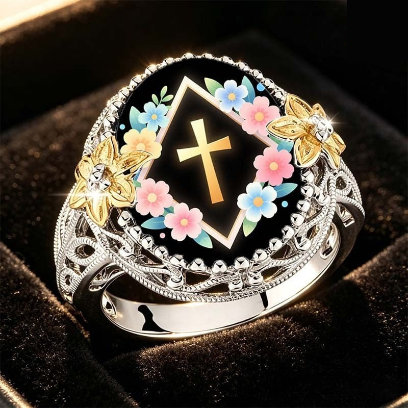 Cross & Floral Diamond Frame Ring