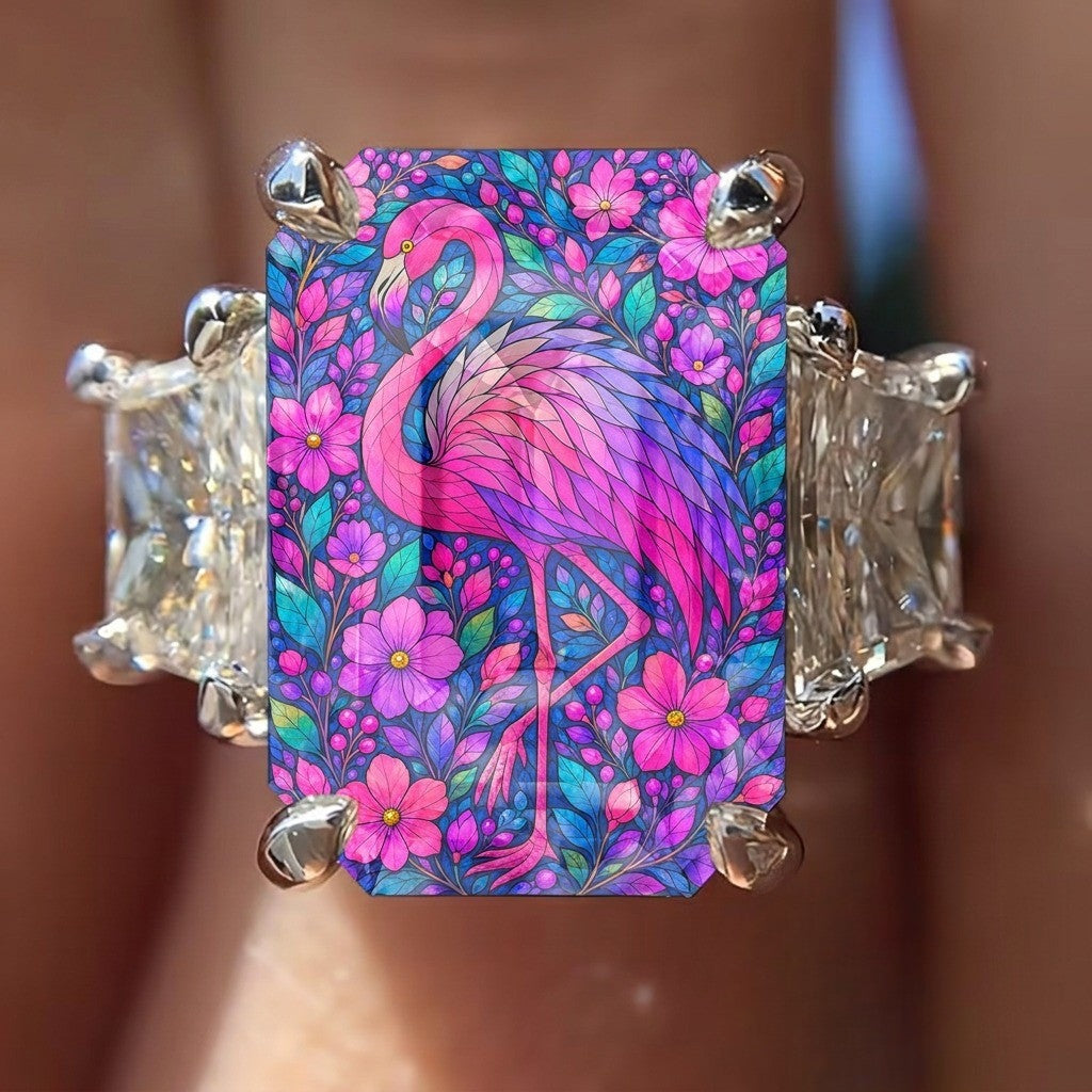 Pink Flamingo Floral Rectangular Ring