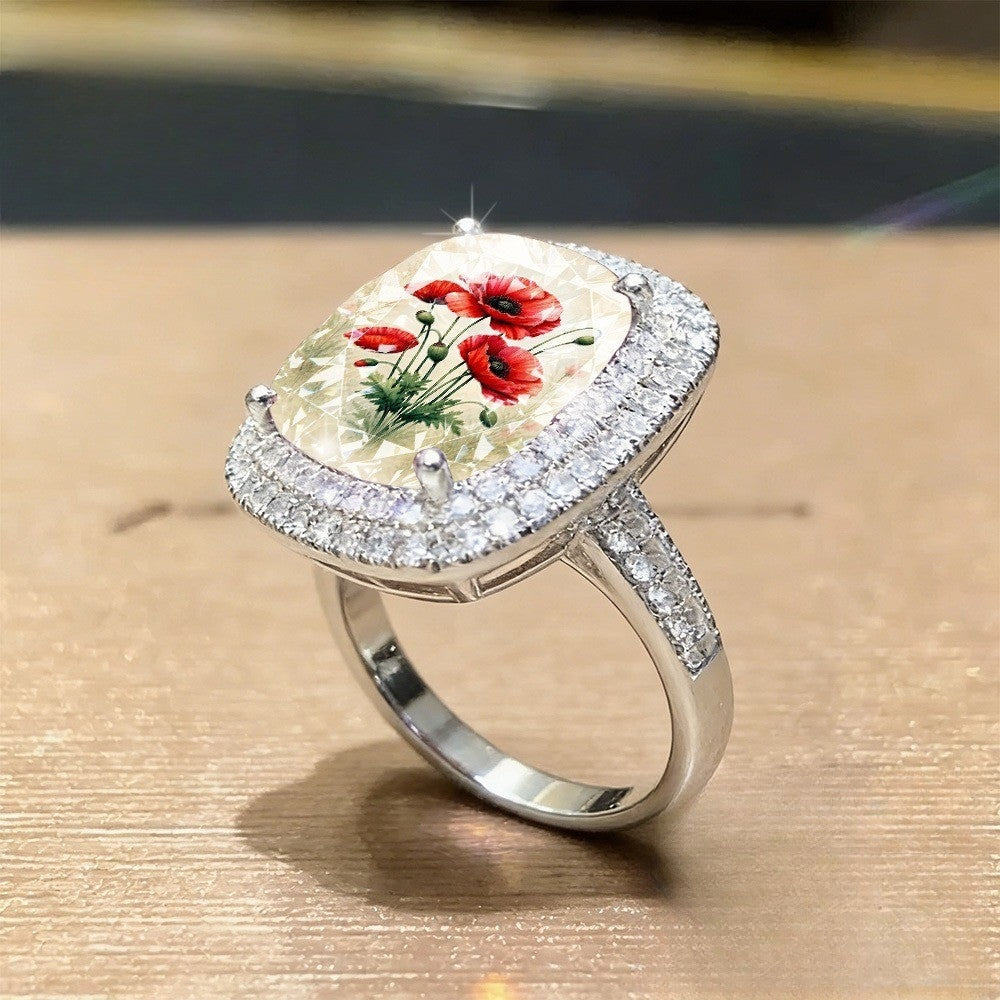 Red Poppy Flower Square Ring