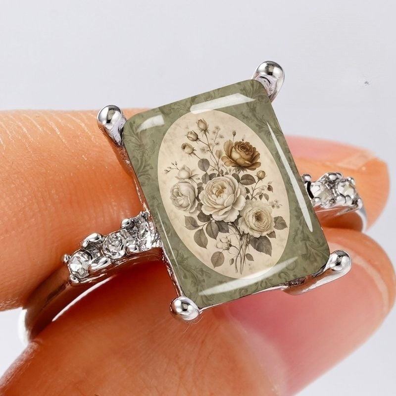 Sage Floral Rectangle Ring