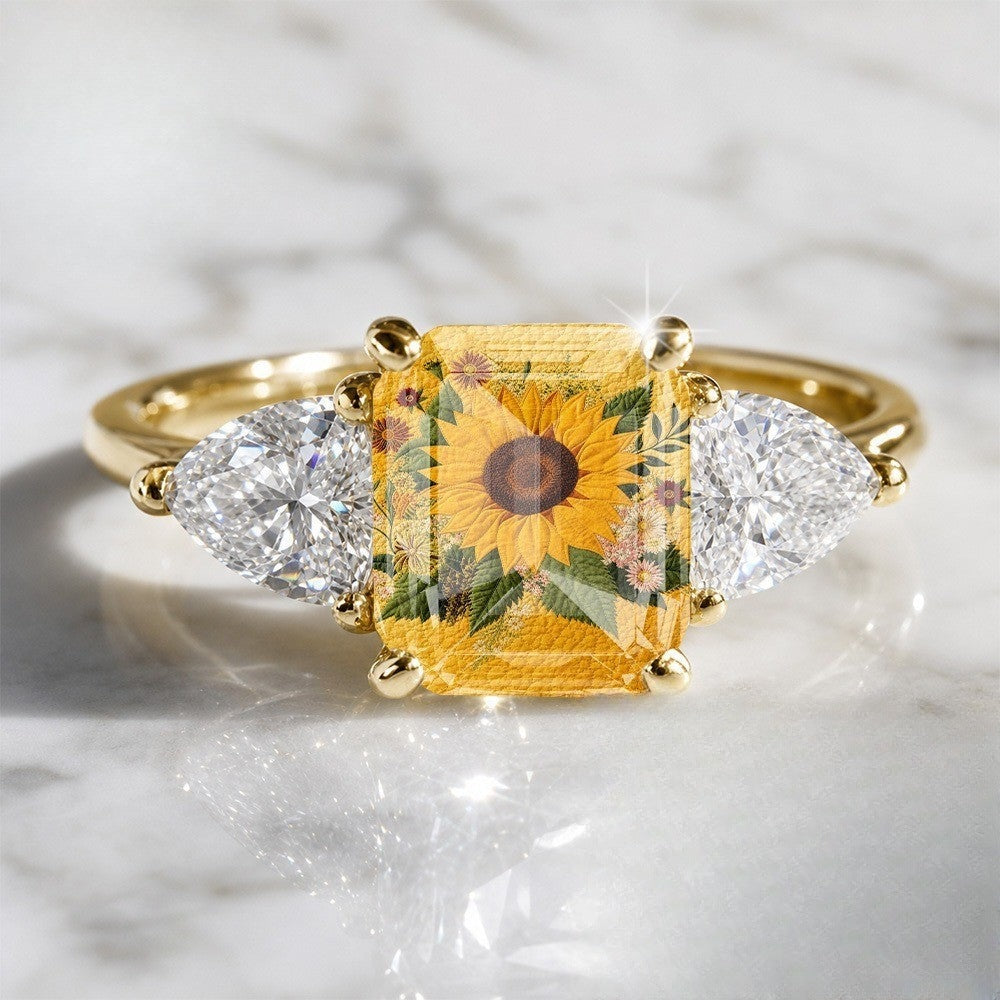 Sunflower Embroidered Three Stone Ring