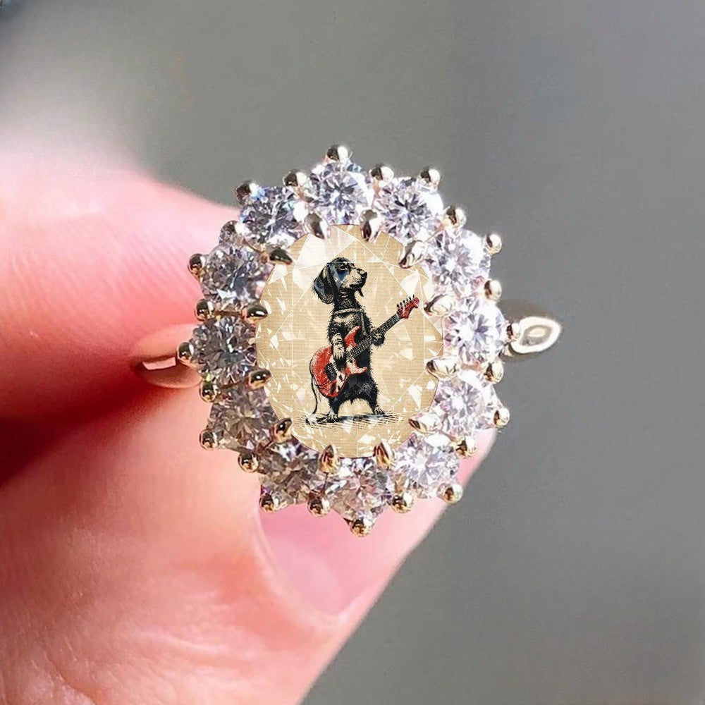 Dog Guitar Crystal Statement Ring