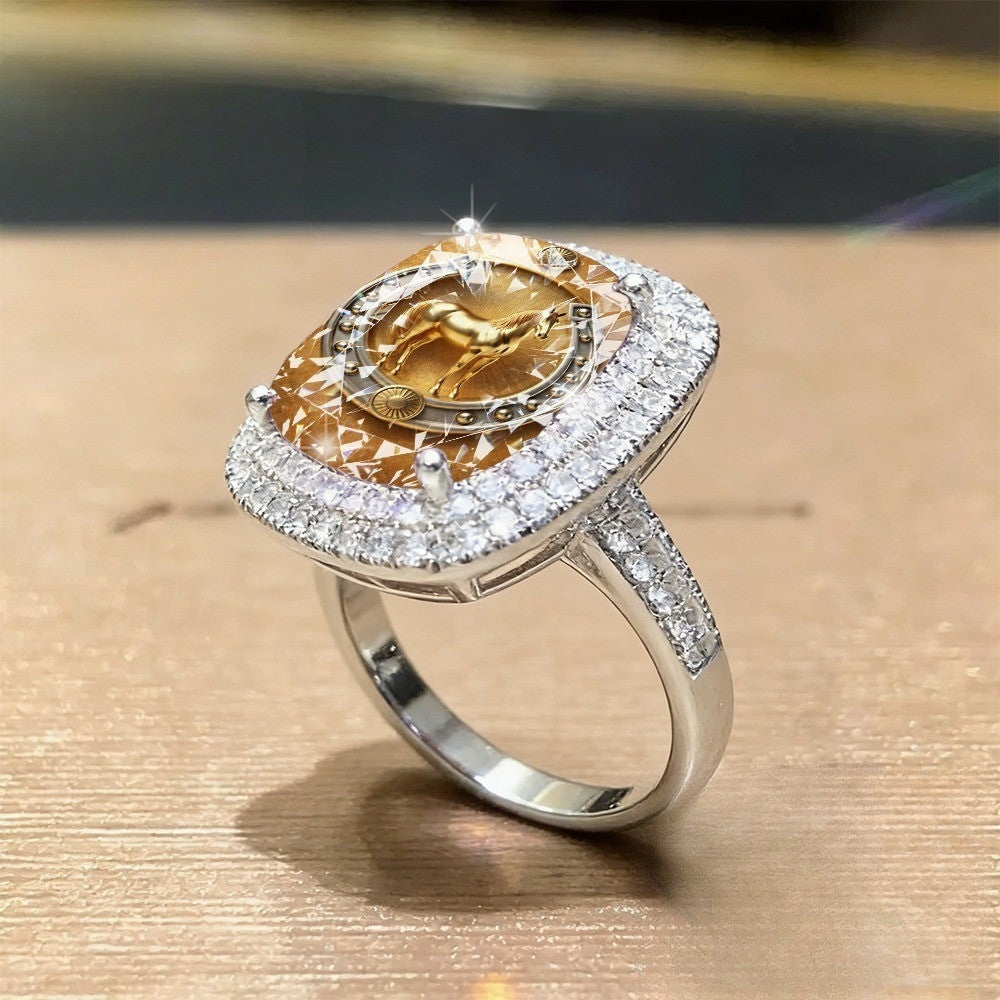 Golden Horse Horseshoe Square Ring