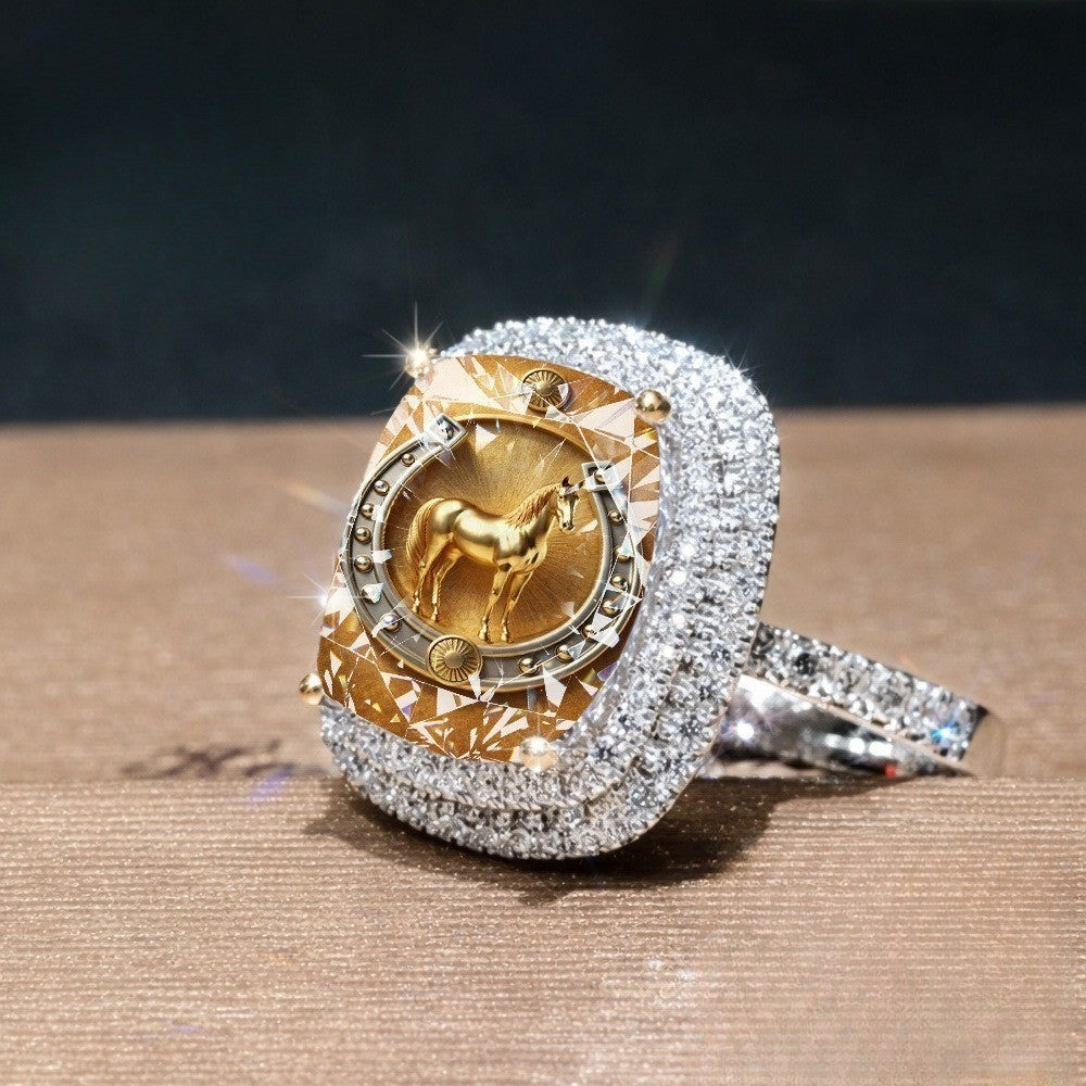 Golden Horse Horseshoe Square Ring
