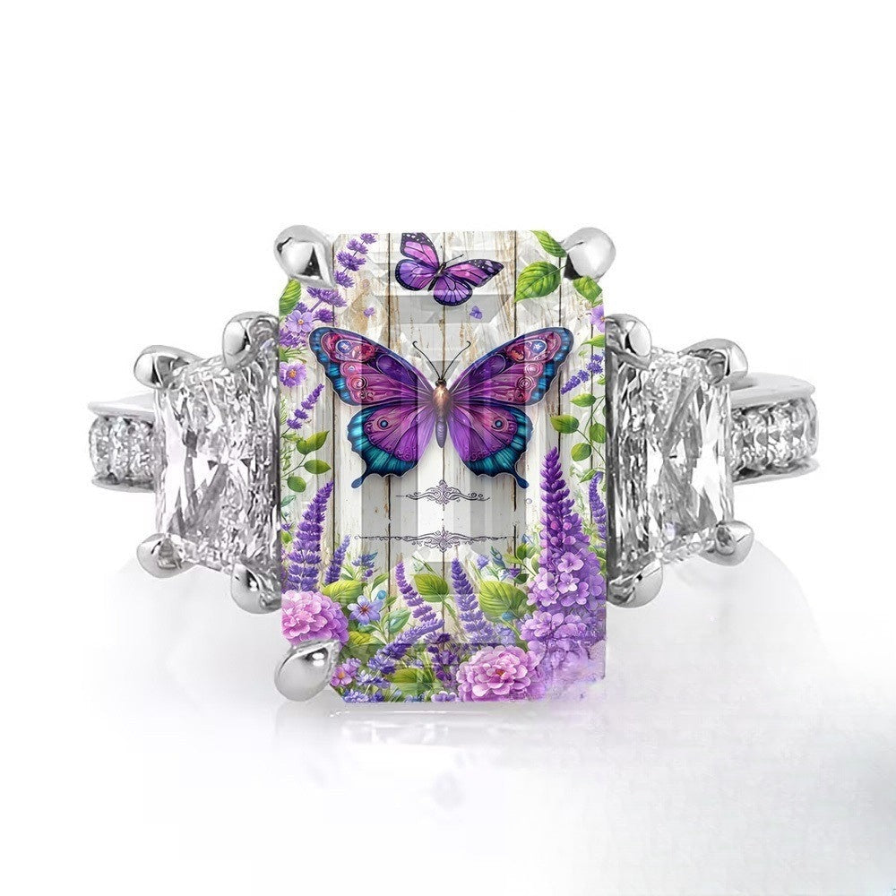 Purple Butterfly & Lavender Square Ring