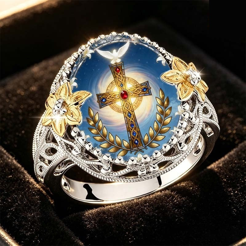 Celestial Cross & Floral Statement Ring